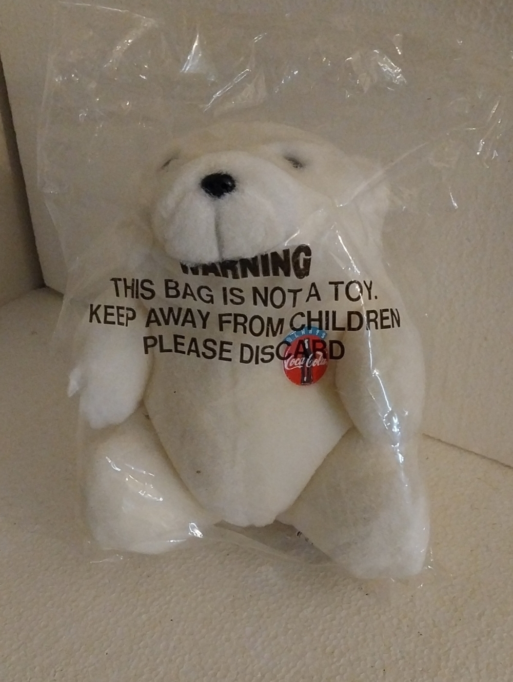 Coca Cola White Polar Bear Plush with Red Logo Pin